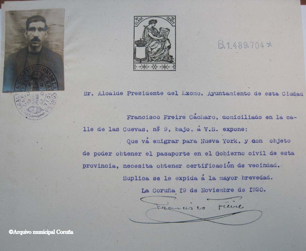 Proof of residency for Francisco Freire Cácharo (Arquivo Municipal A Coruña)