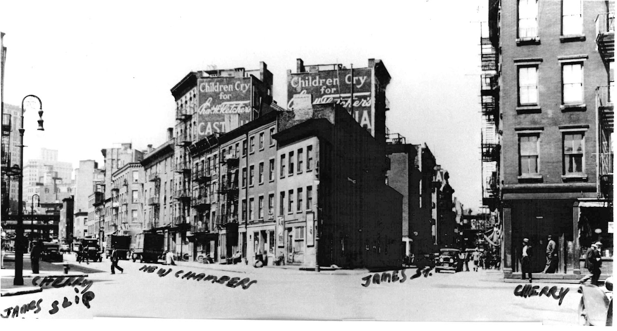 Cruce entre James Street e Cherry Street en Nova York (Arquivo Municipal de Bergondo)