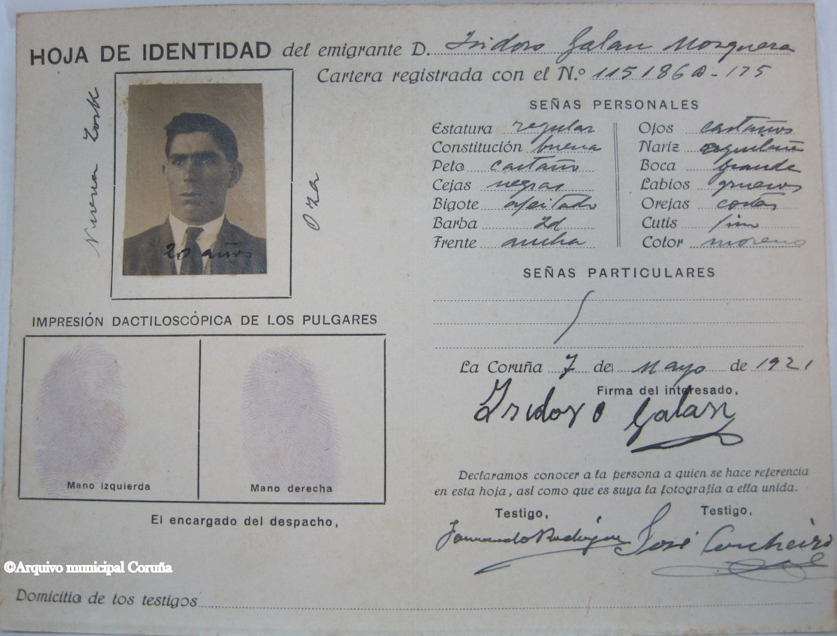 Hoja de identidad del emigrante Isidoro Galán Mosquera (Arquivo Municipal A Coruña)