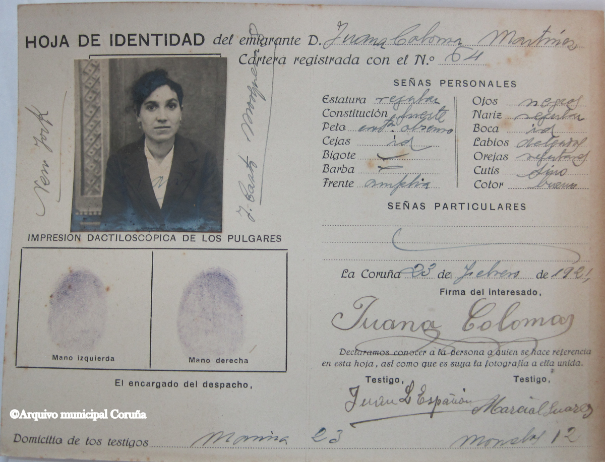 Hoja de identidad del emigrante Juana Coloma Martínez (Arquivo Municipal A Coruña)