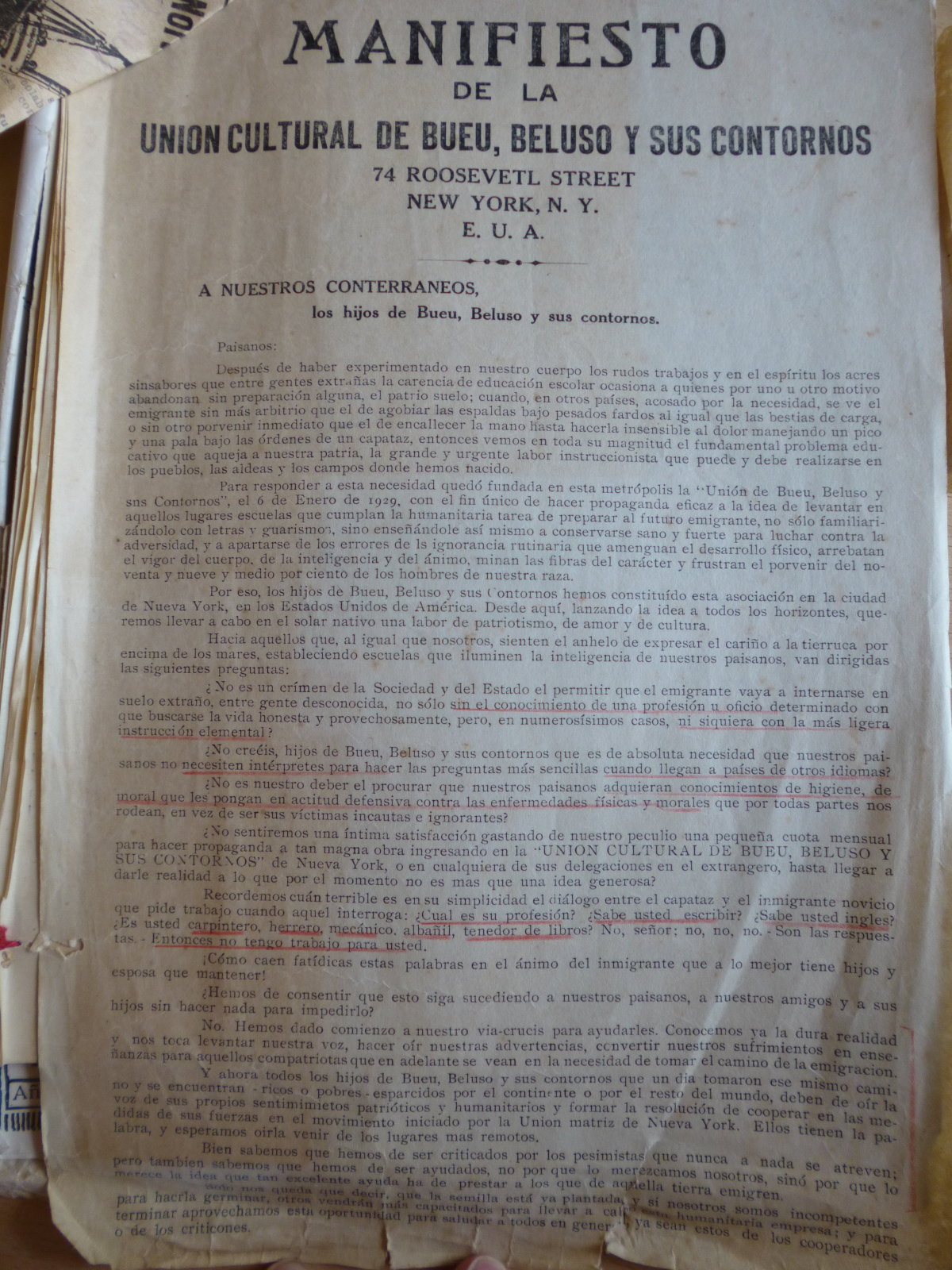 Manifesto da fundación da sociedade Bueu, Beluso y sus contornos en Nova York (1920) (Arquivo Municipal de Bueu)