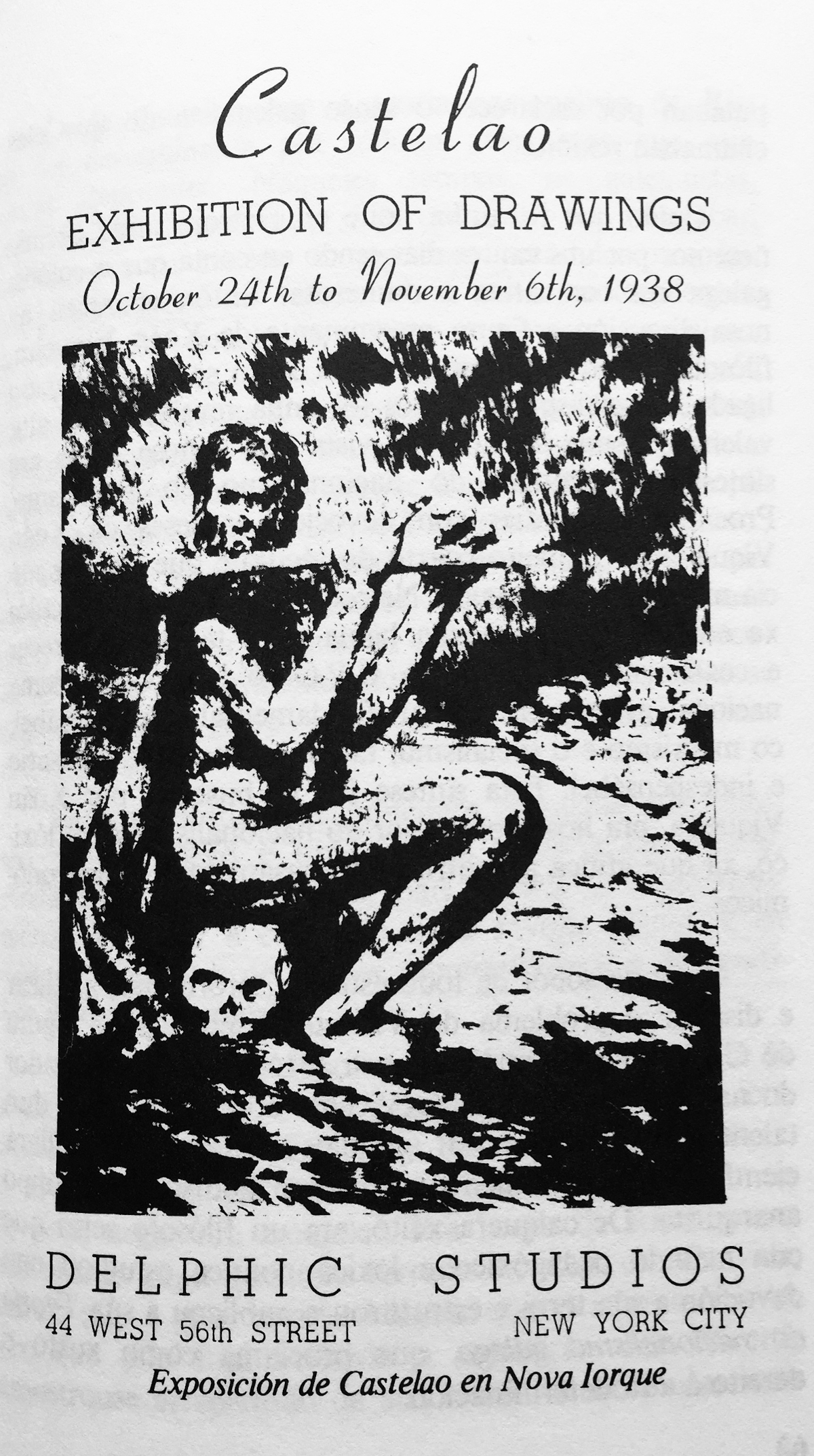 Anuncio dunha exposición de Castelao en Delphic Studios, Nova York (1938), en "Castelao, a UPG e outras memorias" de Luis Soto (1983)  