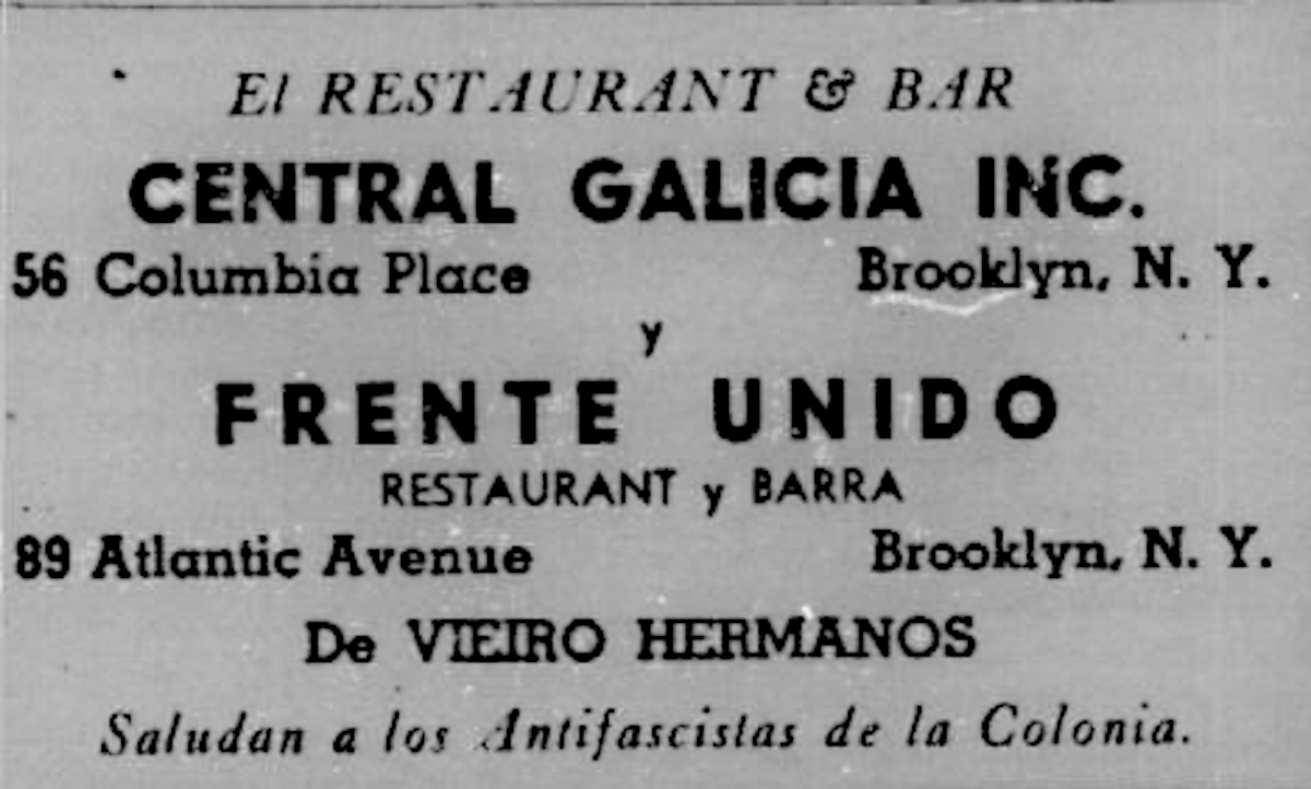 Central Galicia Bar & Restaurant > 56 Columbia Place, Brooklyn, New York │ 1940s (España Libre, Arquivo da Emigración Galega)