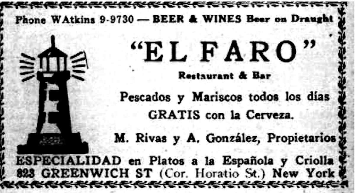 El Faro Restaurante > dúas localizacións: 40 W 72nd St, New York / 823 Greenwich St, New York │1927-2012 (España Libre, Arquivo da Emigración Galega)