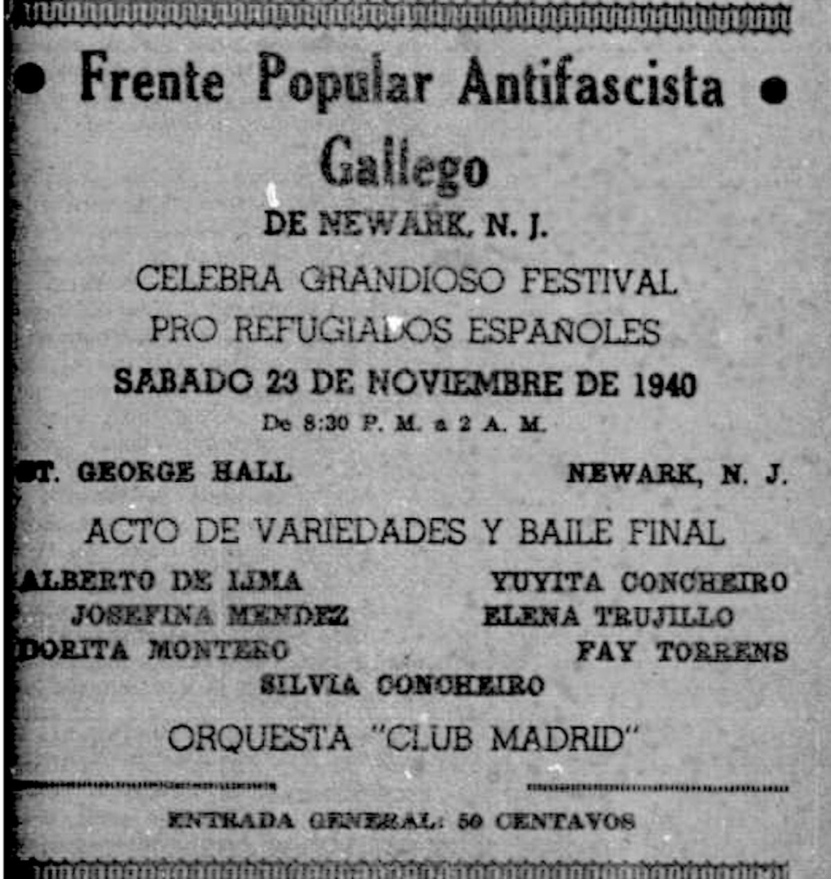 Announcement from the Galician Anti-fascist Popular Front in the newspaper España Libre (Arquivo da Emigración Galega)